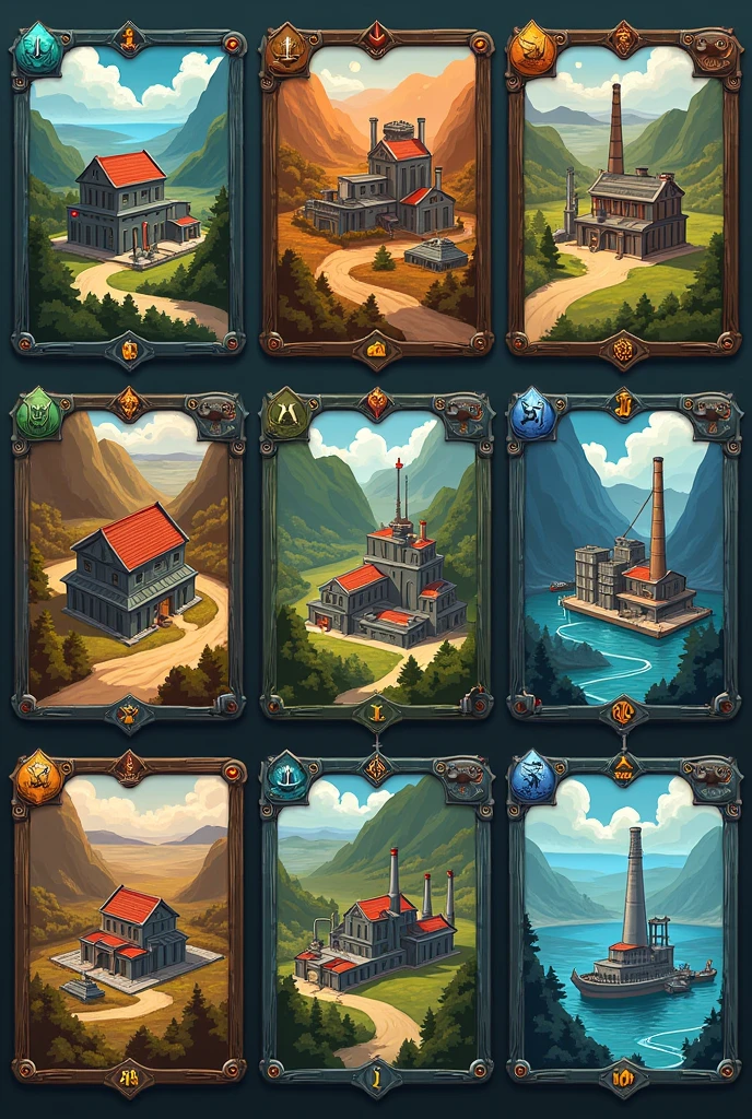 Create art in the form of game board cards: construction of checkpoints, checkpoints, farms, fortifications, library, military factories, infrastructure, port, electrical factories.