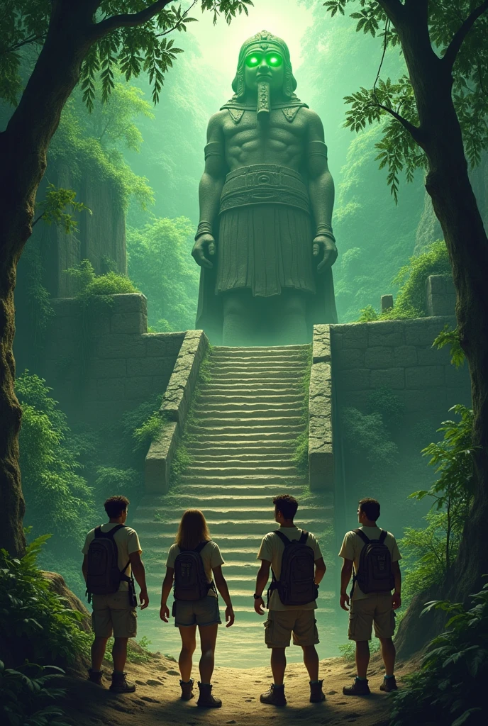 Create an image where four archaeologists, a woman and three men, are in a lost city in the Amazon jungle, in front of them there is a large statue with green eyes and around them there are stairs with symbols.( be pretty)