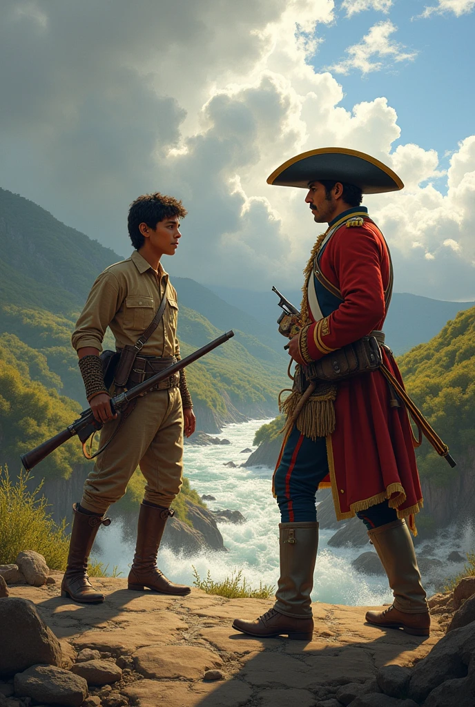 Create the scene of the battle of the bridge of boyacá in which pedro pascasio martinez (He is a peasant boy) capture José María Barreiro