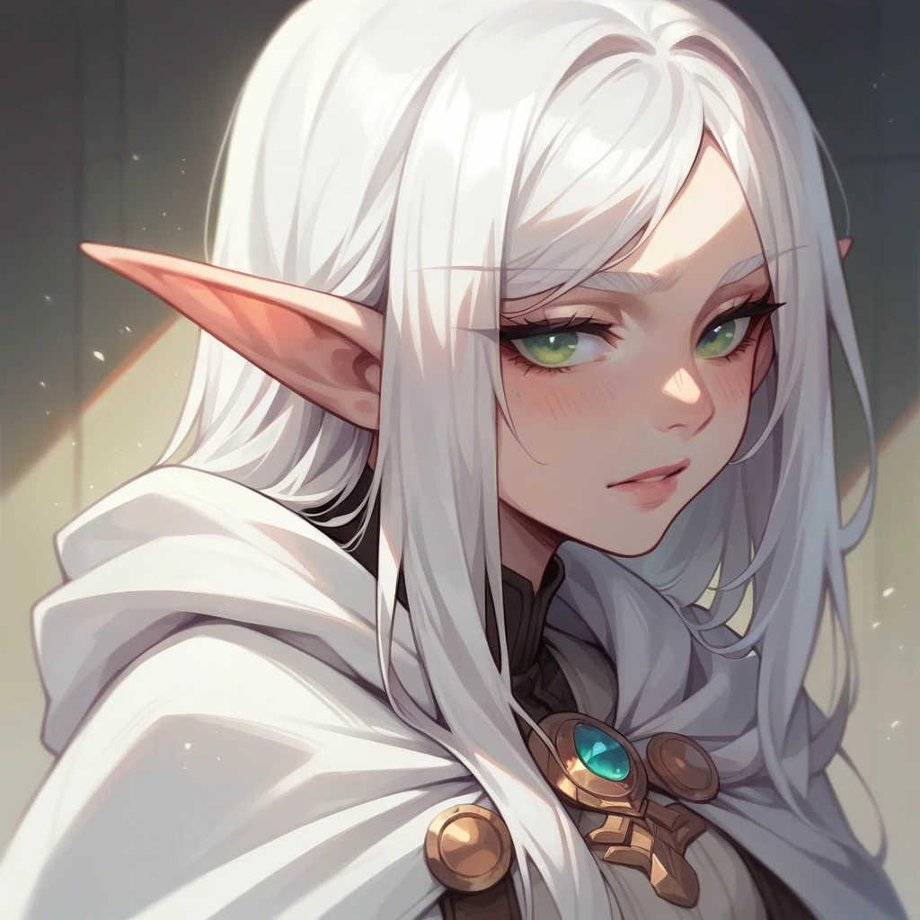 Elf guy with long white hair with calm face in white cloak