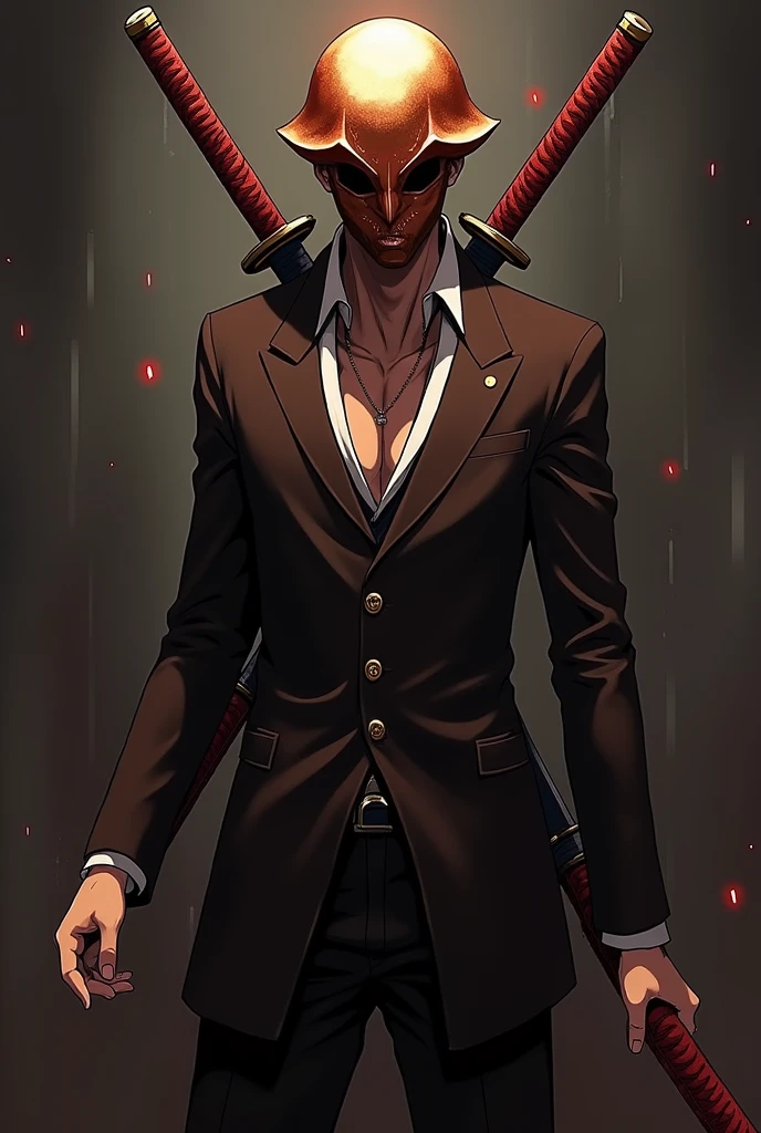 I created an anime character who looks like bleach Aizen and wears a copper-like cap on his face. He is sure of a broken katana on a dark brown katana and a red katana on a dark brown suit.