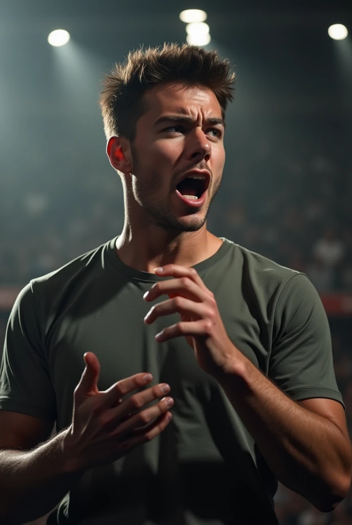 A 25-year-old boy will take a mouth pitch inside a very big movement and speak in front of the camera. Make a pic like this?