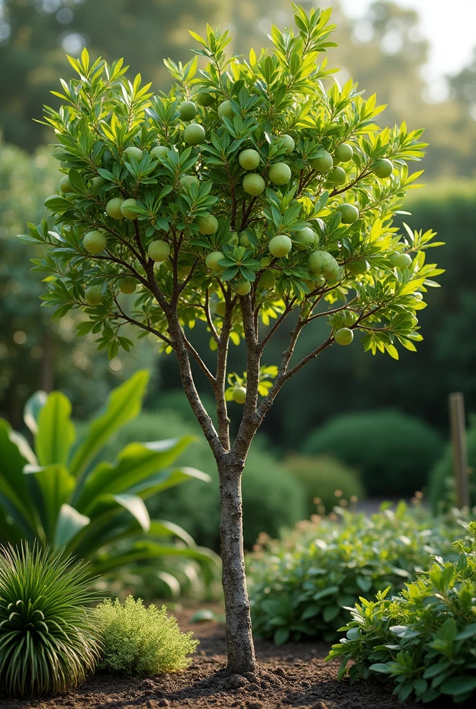 I would like you to create a rejuvenation pruning for the feijoa where the cut branches without leaves can be seen.

