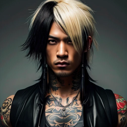 1 man, Japanese man, male, Asian eyes, muscular, broad shoulders, yakuza tattoos, hairstyle Visual Kei style, hair Visual Kei, black men's shirt and black pants, ultra detailed face, hyperrealistic, realistic representation, long hair, long hair, 30 years old, age 30 years, blonde hair, full body view 