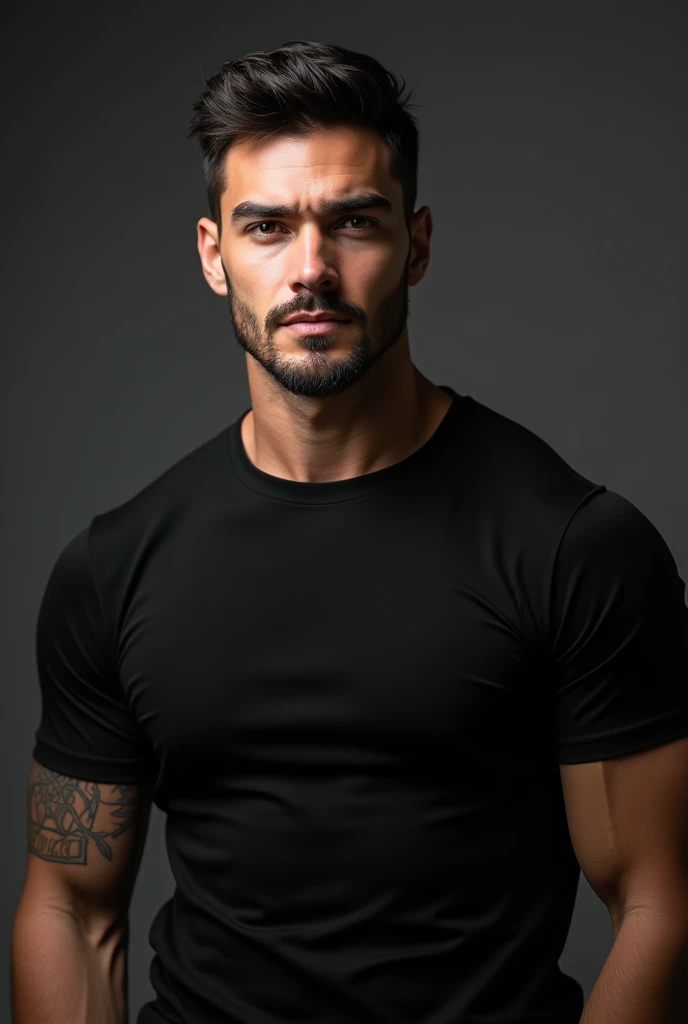 Handsome man in plain black t-shirt with tattoo on arm 