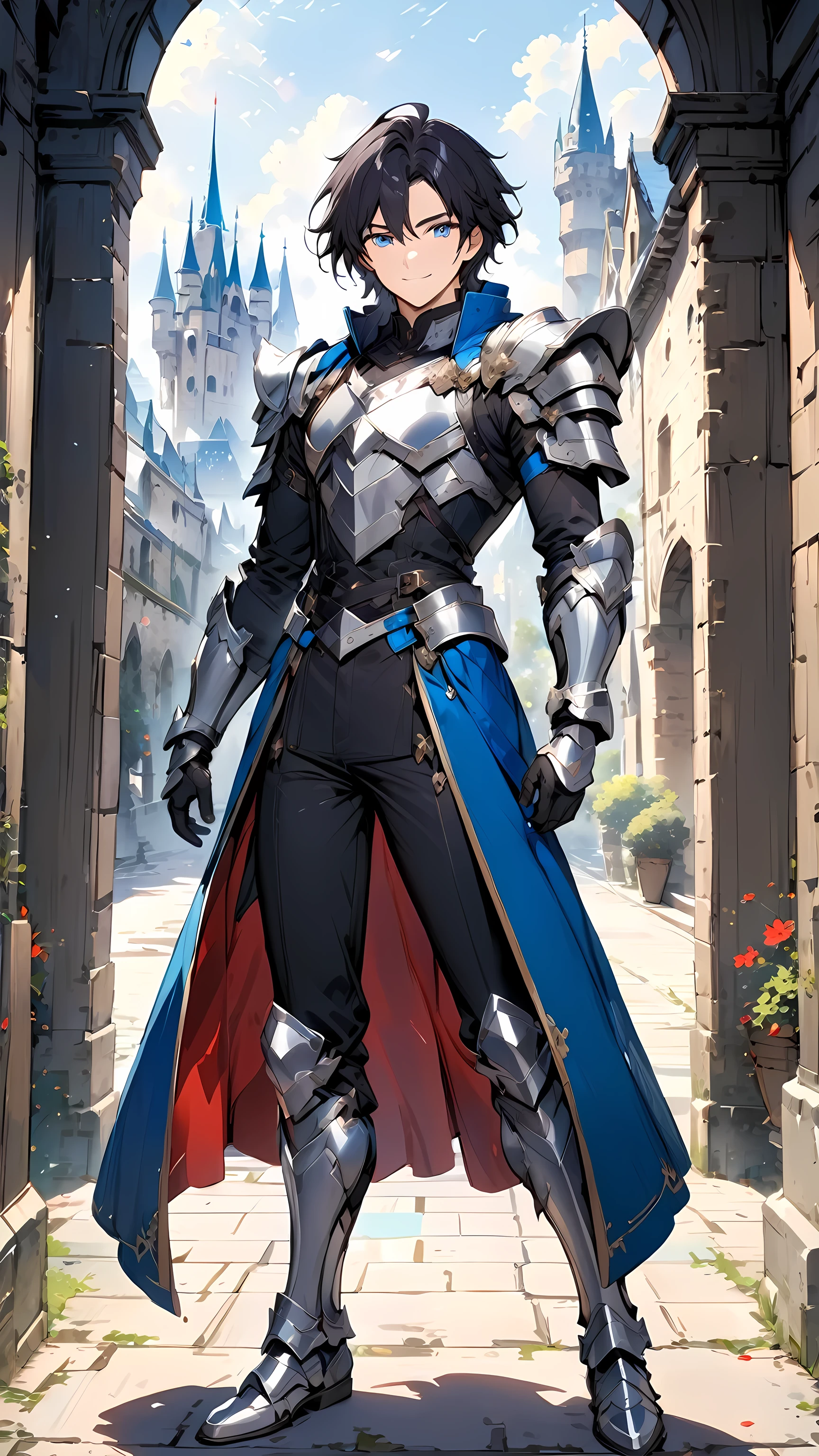 Masterpiece, Best Quality, 1boy, good looking, medium hair, black hair, blue eyes, black long coat, open coat, black shirt, full gloves, pauldrons, shoulder armors, silver gauntlet, black pants, silver armored boots, smile, closed mouth, standing, castle, outdoor, day, full body, looking at viewer