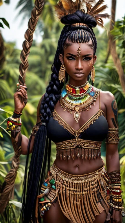 High, ultra detailed photograph of a woman with long black hair, wearing a necklace and earrings, wearing a American native choker, Pocahontas, American native, gorgeous woman, Native rich jewelry, Photo of a beautiful woman, Indian girl with brown skin, Aztec Princess, Beautiful beautiful woman, hairstyle: wildly braided long braid, Sides of the head shaved, green eyes, Model pose standing dancing in the jungle, many local tattoos, full clothing 