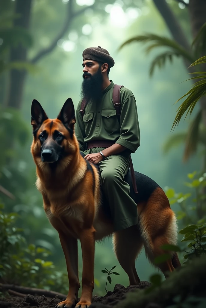 YouTuber dhruv rathee without moustache, wearing Muslim round cap, with long Muslim like beard..sitting on barking german shepherd dog in jungle, best view