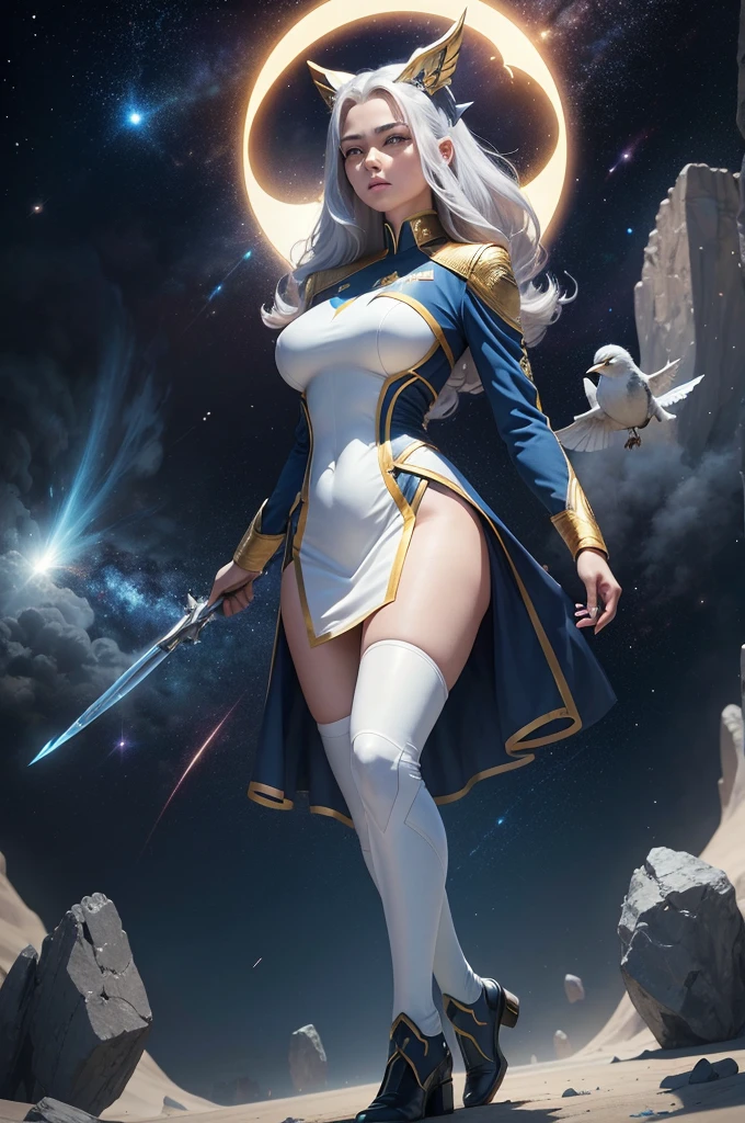 To create an elegant and exclusive uniform for a space explorer team similar to the uniforms from the franchise "star"trek", more of a high goal, with a different emblem in the shape of a bird and a four-pointed star inside a circle, using golden colors, silver and blue, used by a greenish humanoid reptilian man, 精致的面容, soft and expressive extremely big and strong using all kinds of weapons as a warrior in a spaceship, full body view