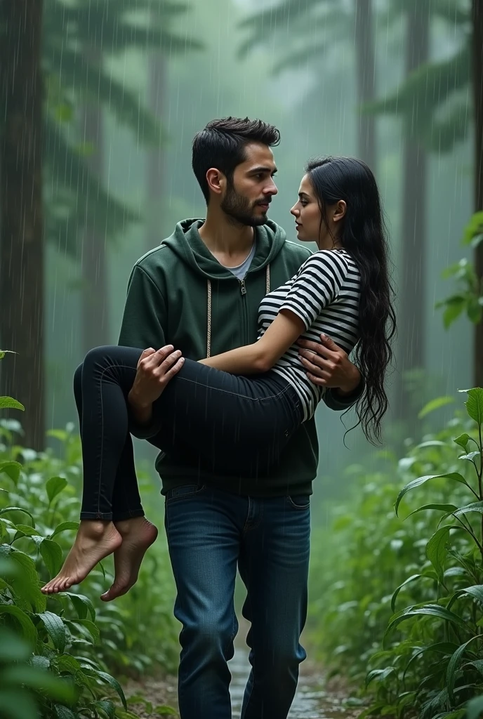 A 19 years old boy who wears a dark green colour hoodie and blue colour denim pant with little bit of beard lifting and carrying a 19 years old girl horizontally who wears a black and white colour horizontal line t shirt and black pant in his hands realistic in between lots of trees and grasses filled with rain water