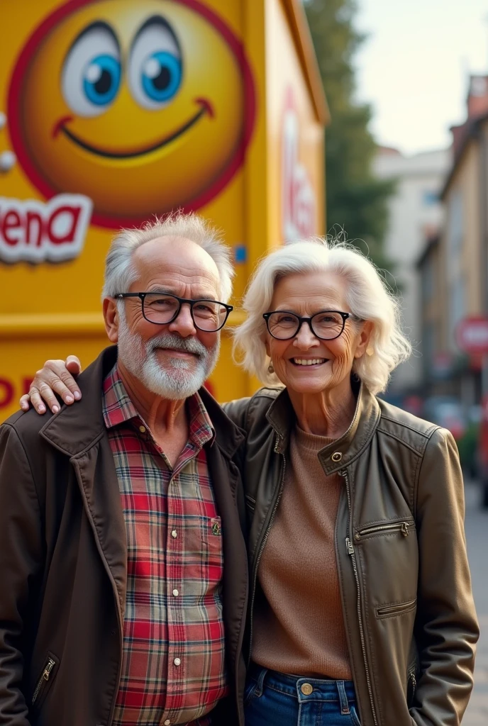 An elderly man with gray hair next to a mega-sena truck. The old man is happy because he won the mega scene.
(The mega scene logo is a yellow pool ball with eyes and a happy expression) the old man is a little pot-bellied and has a very short beard, just got cut. The old man is with his wife, an elderly woman with short, wavy white hair, she is happy and smiling with him. The elderly woman wears glasses and is always stylish