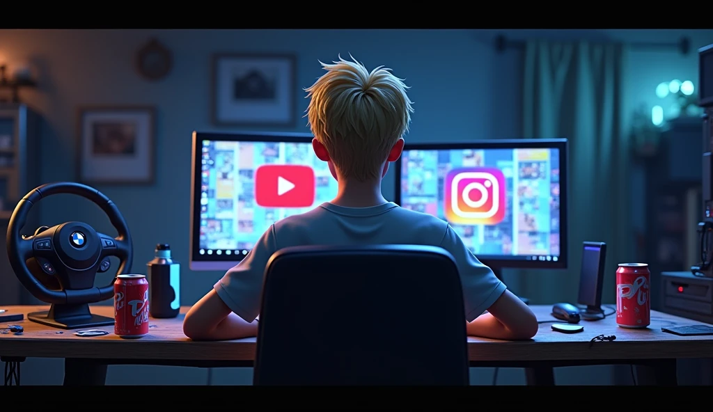 Generate an image: Im Stil von Pixar 3D-Animations-Filmen. young man, short blonde hair, somewhat neglected, View from behind. he sits in front of a gaming PC with two monitors and is engrossed in writing. On the table is a BMW steering wheel and soft drink cans. The basement room is dark and messy, on the screens is the interface of Youtube and Instagram.
