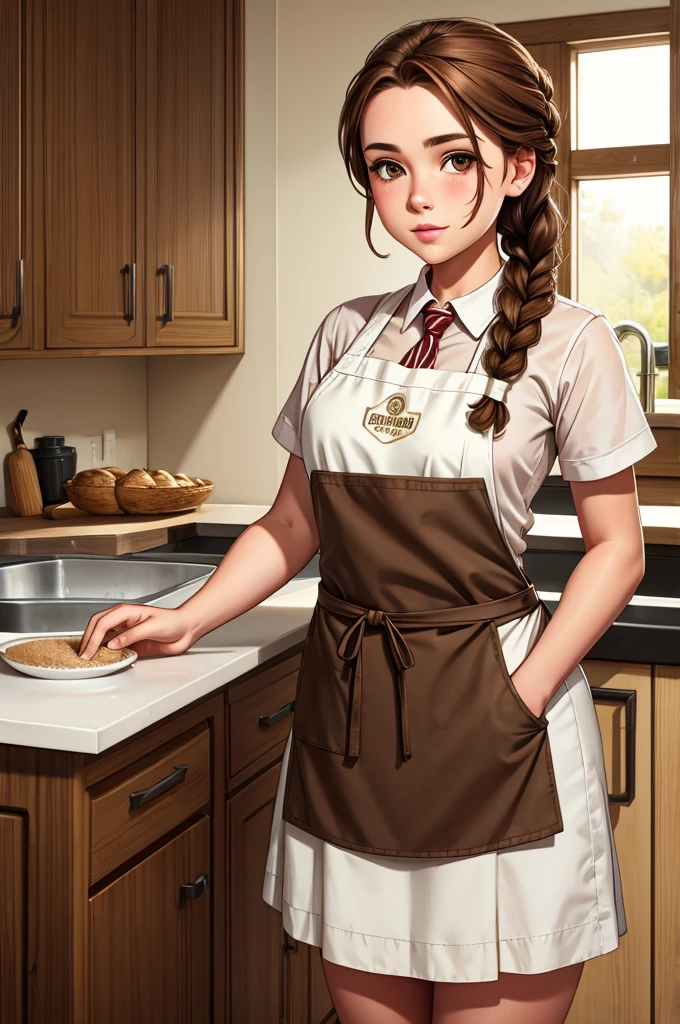 millers daughter, apron, flour on face, skirt, brown hair in a braid, sfw