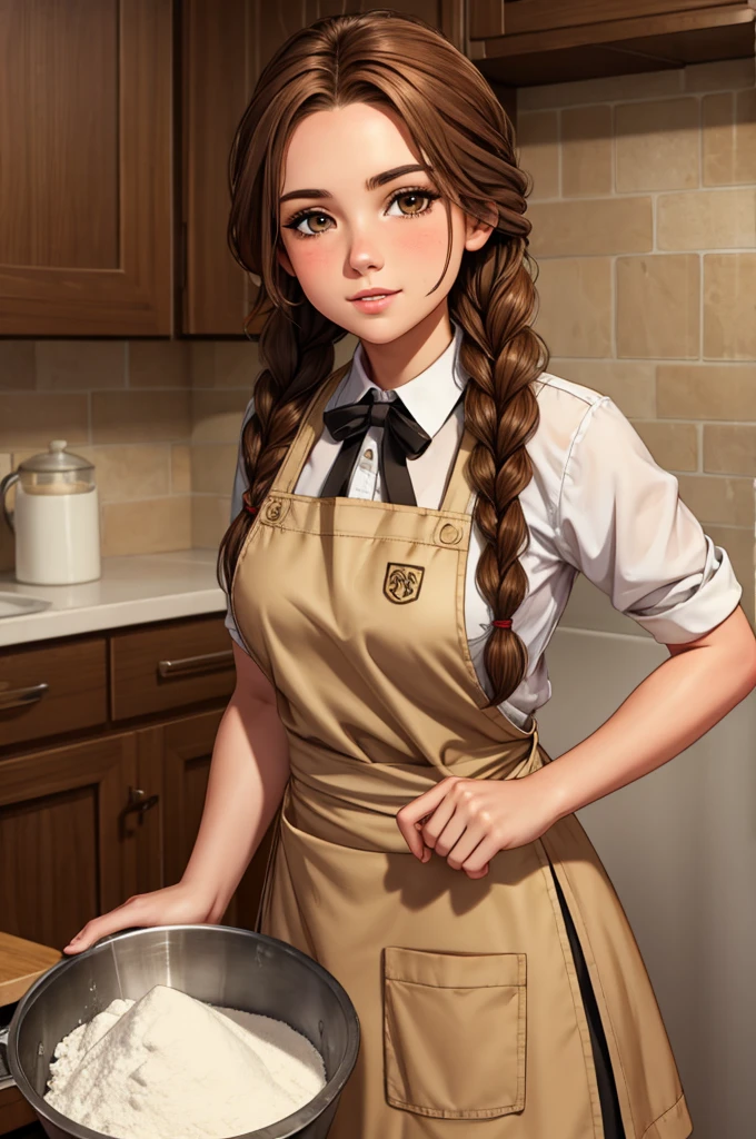 millers daughter, apron, flour on face, skirt, brown hair in a braid, sfw