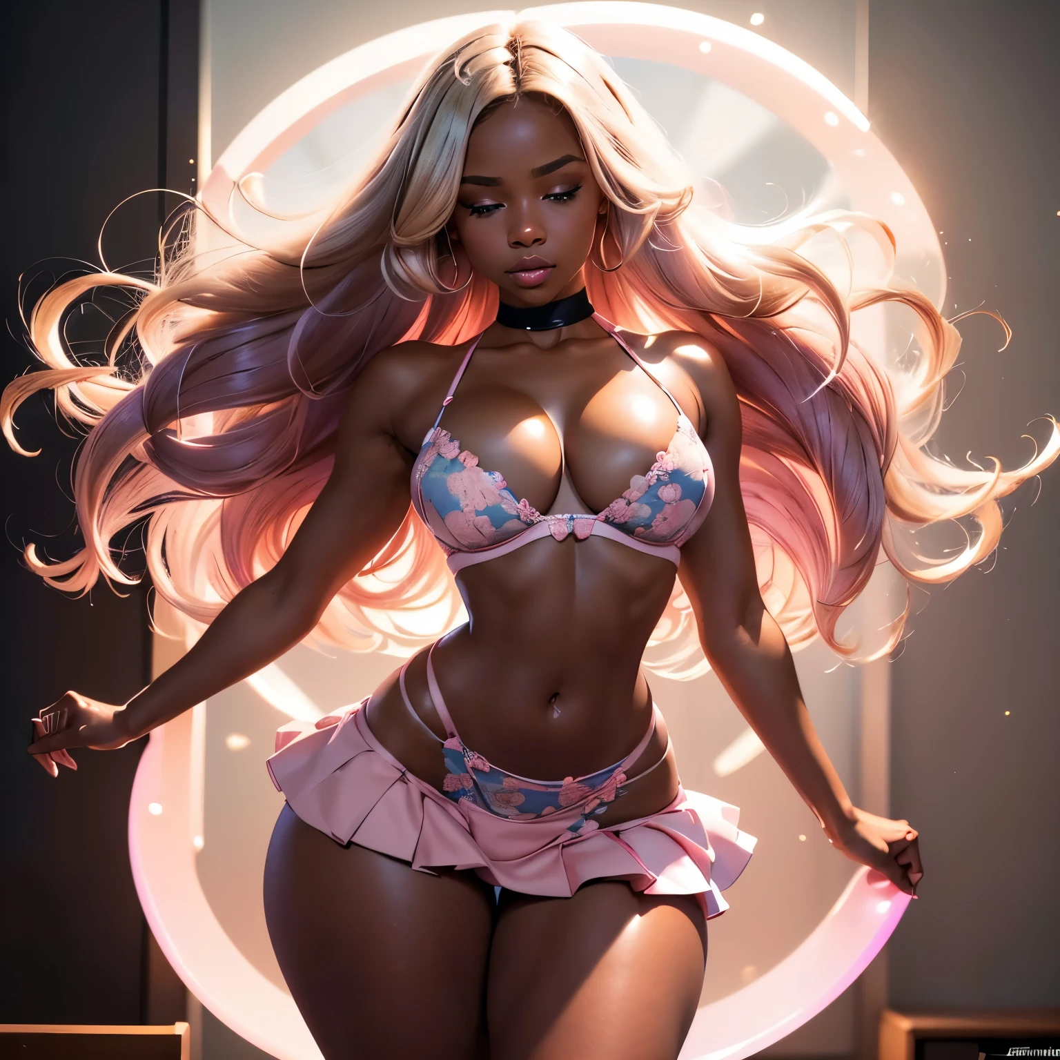 dark skin girl, blue eyes, blond hair, night time, (totally realistic), (very hot), (cleavage), (breasts), (very wide hips), (so sweet), temptation), (very round ass), ((no belly)), ((flat belly)), ((ultra thin waist)), (white pleated skirt), wide shot, (pink floral bra 1.1), (tone abs:1.0), (shoulders back:1.1), (looking at me:1.5) (Masterpiece, Professional lighting, 16k, 8k wallpaper, raw photo, photorealistic:1.8, ultra detailed, natural lighting, detailed skin sexy pose, open mouth, big lips, view from above, night time, eyes closed, pink light, steam, pink foam "good girl", neon light, thick thighs, heavy cleavage