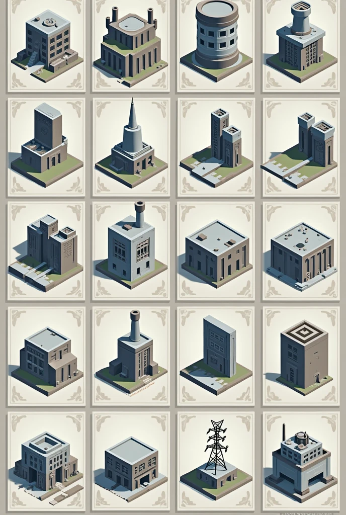 Create art in the form of gaming board cards in a modern style: construction of checkpoints, checkpoints, farms, fortifications, library, military factories, infrastructure, port, electrical plants.
