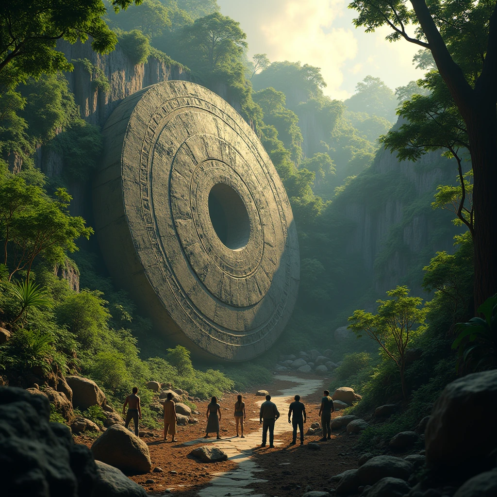 a giant ancient stone disc being discovered from ground by archaeologists in a jungle ruins environment, highly detailed, ultra-detailed, (best quality,4k,8k,highres,masterpiece:1.2),ultra-detailed,(realistic,photorealistic,photo-realistic:1.37),HDR,UHD,studio lighting,extremely detailed stone texture,extremely detailed jungle foliage and environment,extremely detailed archaeological discovery,dramatic lighting,warm color tones,cinematic