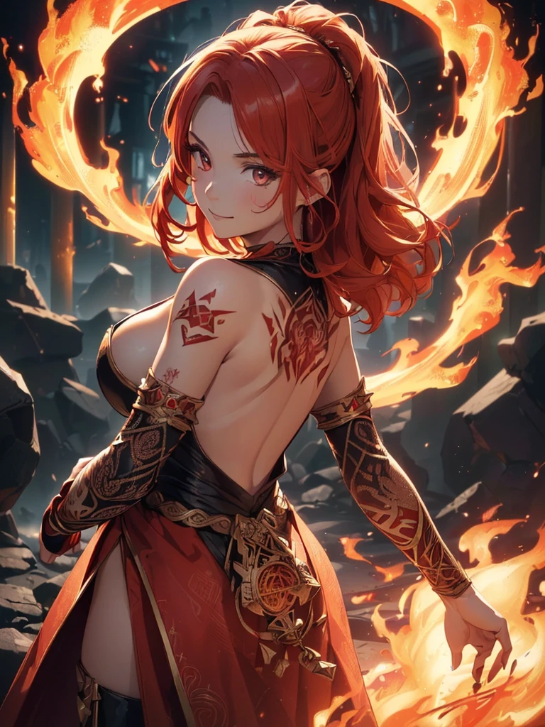 (((best quality, sharp image, clear image, cinematic lighting, 8k resolution, masterpiece, ultra detailed, intricate))) Girl, (((looking over left shoulder))), (shot from behind), fire mage, ((intricate background)), ((chaotic background)), red hair, smiling, ((flame runes, flame sigils)), (tatoo on back), slim figure, flying sigils