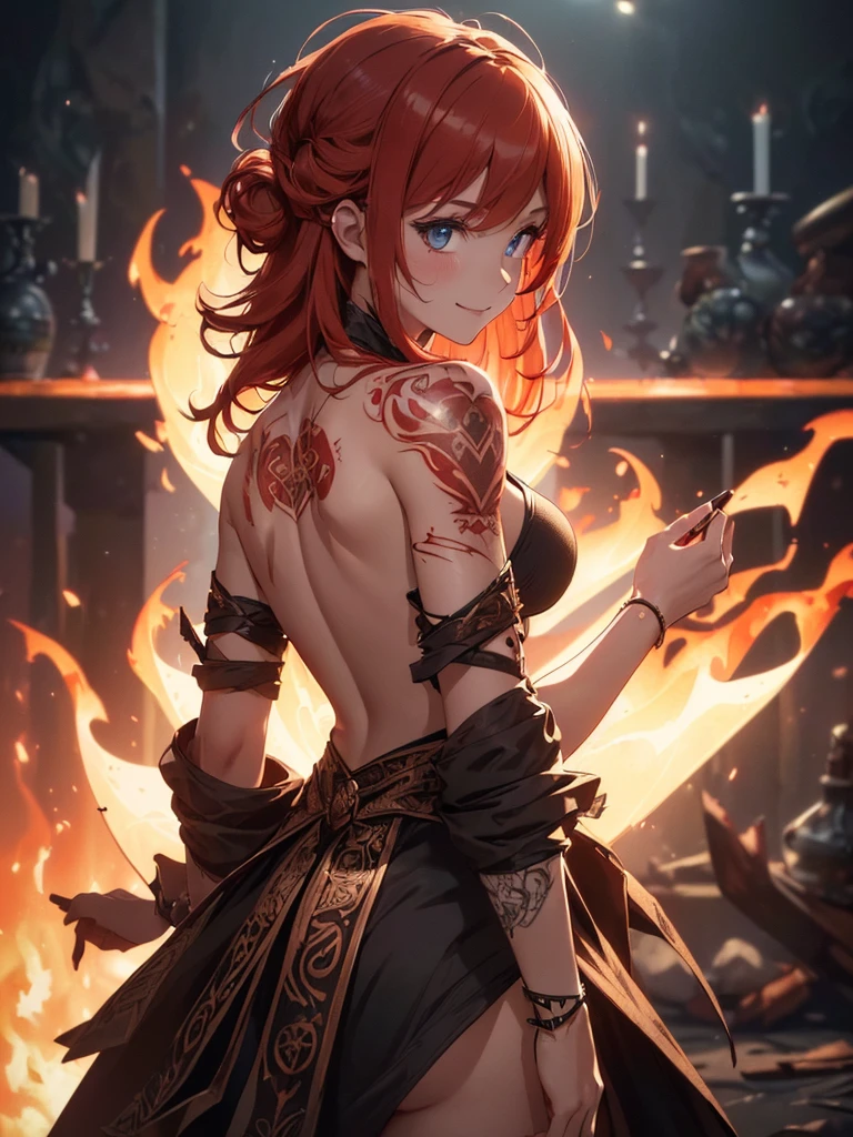 (((best quality, sharp image, clear image, cinematic lighting, 8k resolution, masterpiece, ultra detailed, intricate))) Girl, (((looking over left shoulder))), (shot from behind), fire mage, ((intricate background)), ((chaotic background)), red hair, smiling, ((flame runes, flame sigils)), (tatoo on back), slim figure, flying sigils