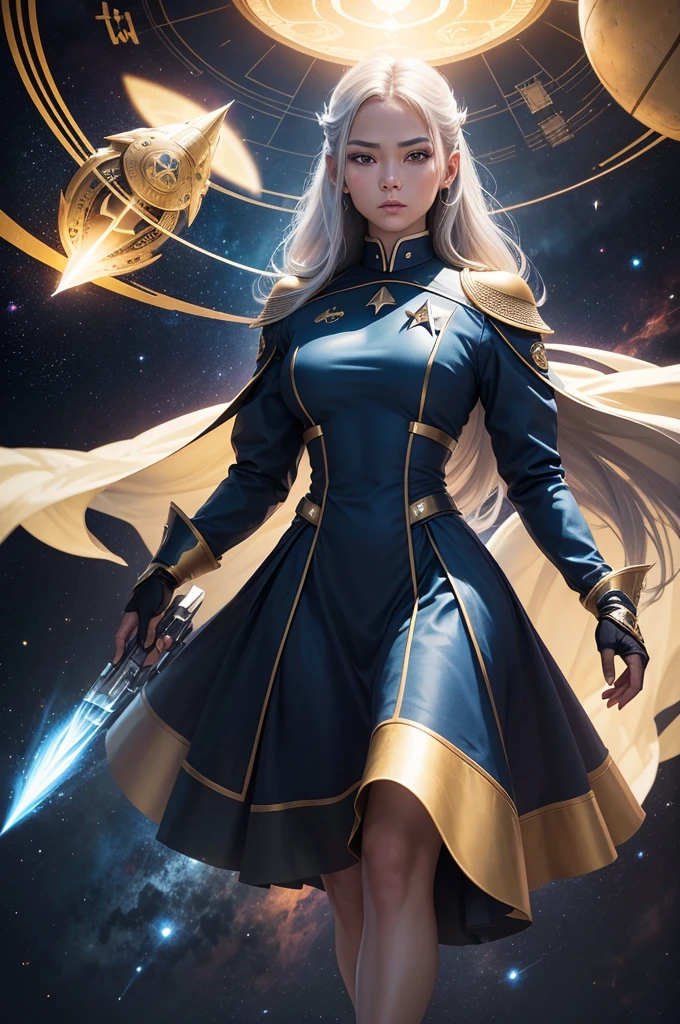 To create an elegant and exclusive uniform for a space explorer team similar to the uniforms from the franchise "star"trek", more of a high goal, with a different emblem in the shape of a bird and a four-pointed star inside a circle, using golden colors, silver and blue, used by a greenish humanoid reptilian man, 精致的面容, soft and expressive extremely big and strong using all kinds of weapons as a warrior in a spaceship, full body view