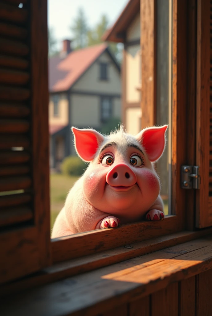 Fat pig wearing makeup peeking through window and listening to the old farmer and his wife chatting about pixar style christmas dinner 