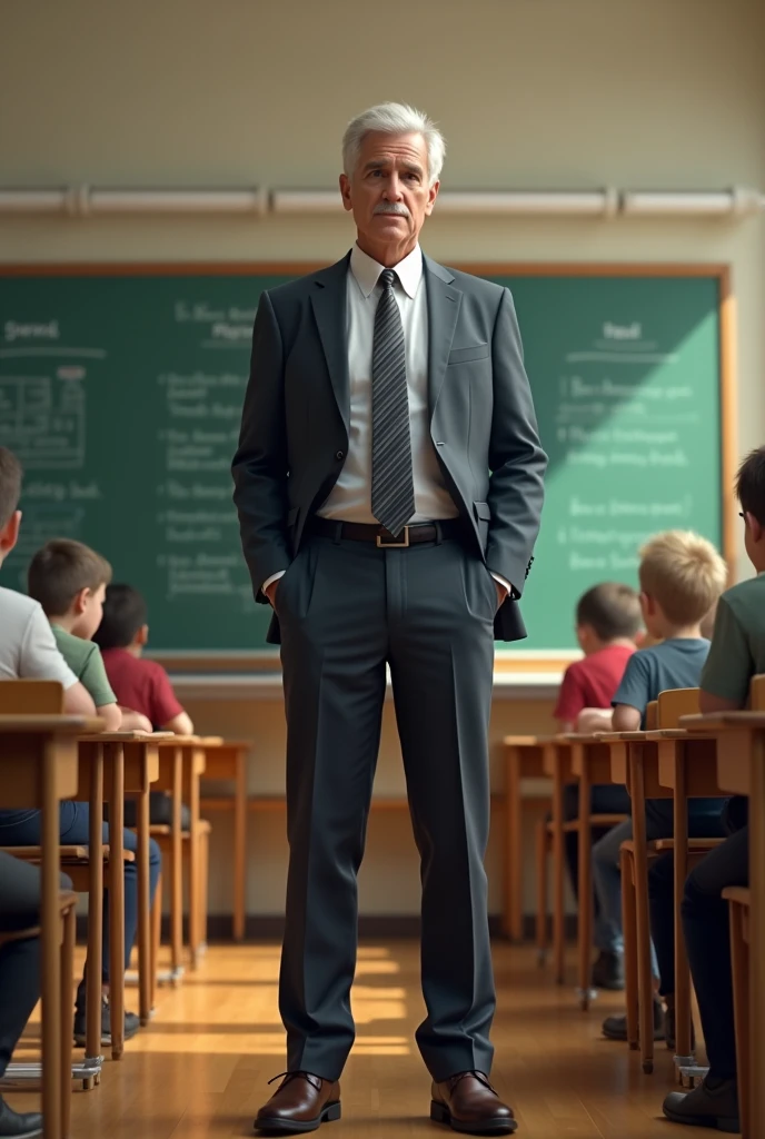 Teacher in the classroom, volume marking on the pants