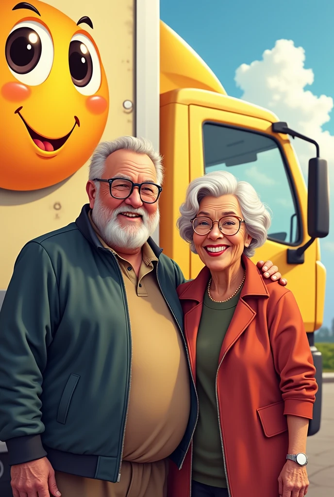 An elderly man with gray hair next to a mega-sena truck. The old man is happy because he won the mega scene.
(The mega scene logo is a yellow pool ball with eyes and a happy expression) the old man is a little pot-bellied and has a very short beard, just got cut. The old man is with his wife, an elderly woman with short, wavy white hair, she is happy and smiling with him. The elderly woman wears glasses and is always stylish (the drawing style is cartoon)