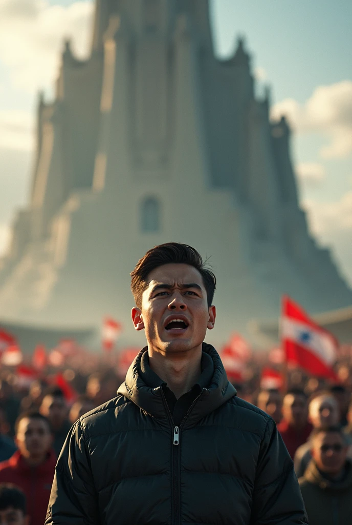 A 27-year-old boy will take a mouth pitch inside a very big movement and speak in front of the camera. Make a pic like this? 