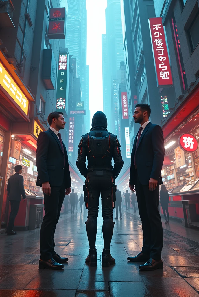 cyberpunk hacker and two security guards in business suits at the market