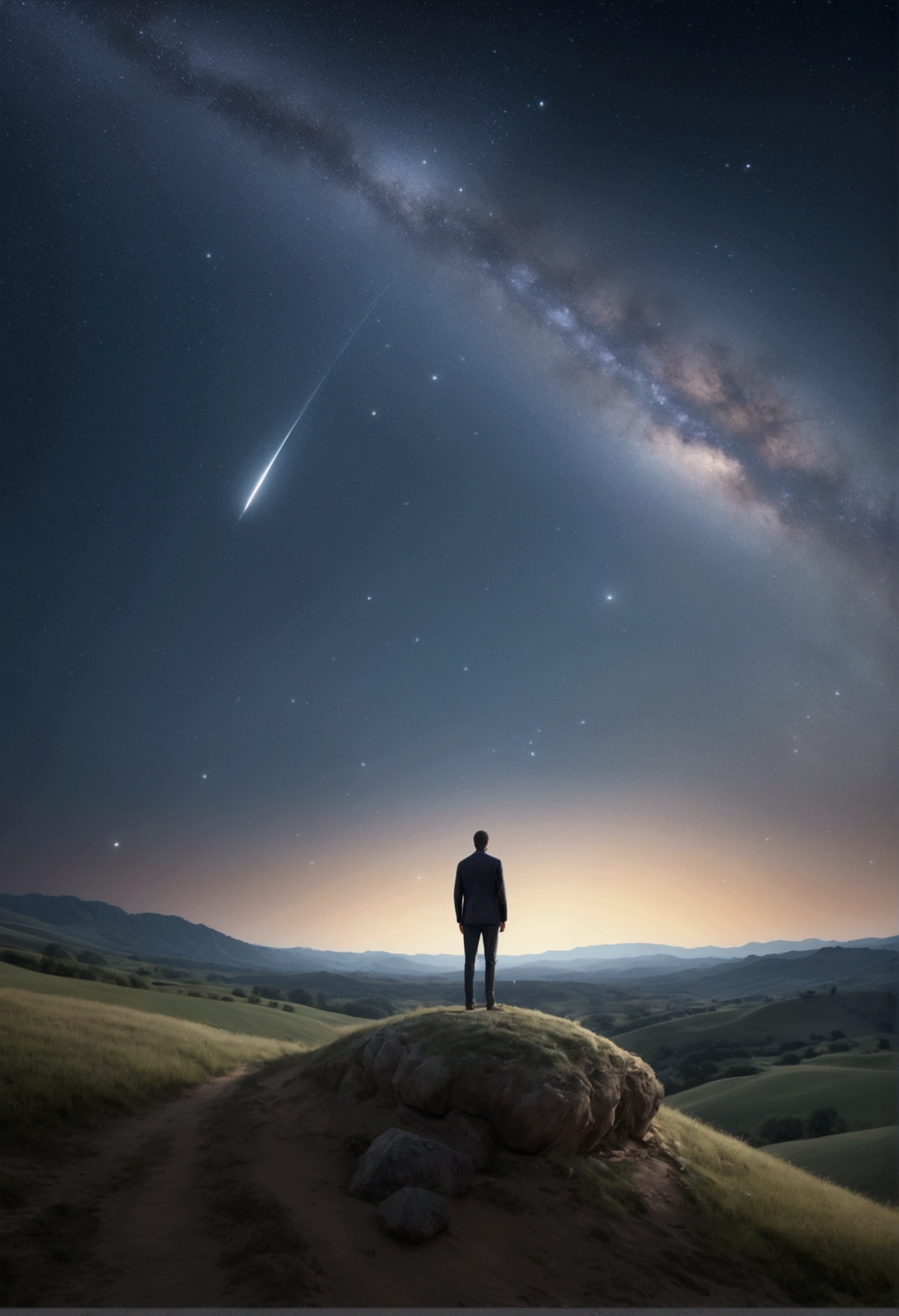 Standing alone under the vast starry sky, one appears small and . Using low angle shooting with starry sky as the background, showcasing human loneliness and the vastness of the universe. Beautiful cinematic lighting, surreal, RAW photo, color graded, dynamic movement, captivating chiaroscuro, award-winning, cinematic still, emotional, vignette, dynamic, vivid, (masterpiece, best quality, photorealistic, Professional, perfect composition, very aesthetic, absurdres, ultra-detailed, intricate details:1.3)
