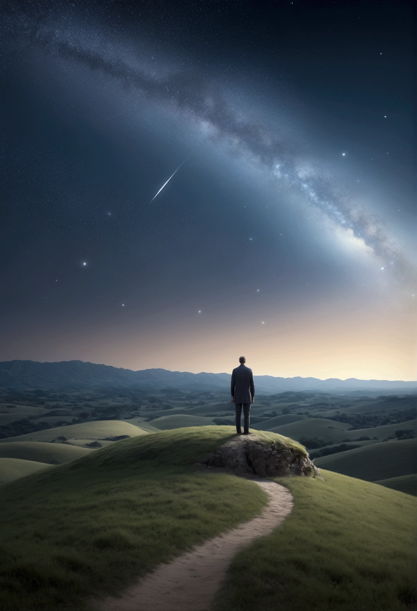 Standing alone under the vast starry sky, one appears small and . Using low angle shooting with starry sky as the background, showcasing human loneliness and the vastness of the universe. Beautiful cinematic lighting, surreal, RAW photo, color graded, dynamic movement, captivating chiaroscuro, award-winning, cinematic still, emotional, vignette, dynamic, vivid, (masterpiece, best quality, photorealistic, Professional, perfect composition, very aesthetic, absurdres, ultra-detailed, intricate details:1.3)