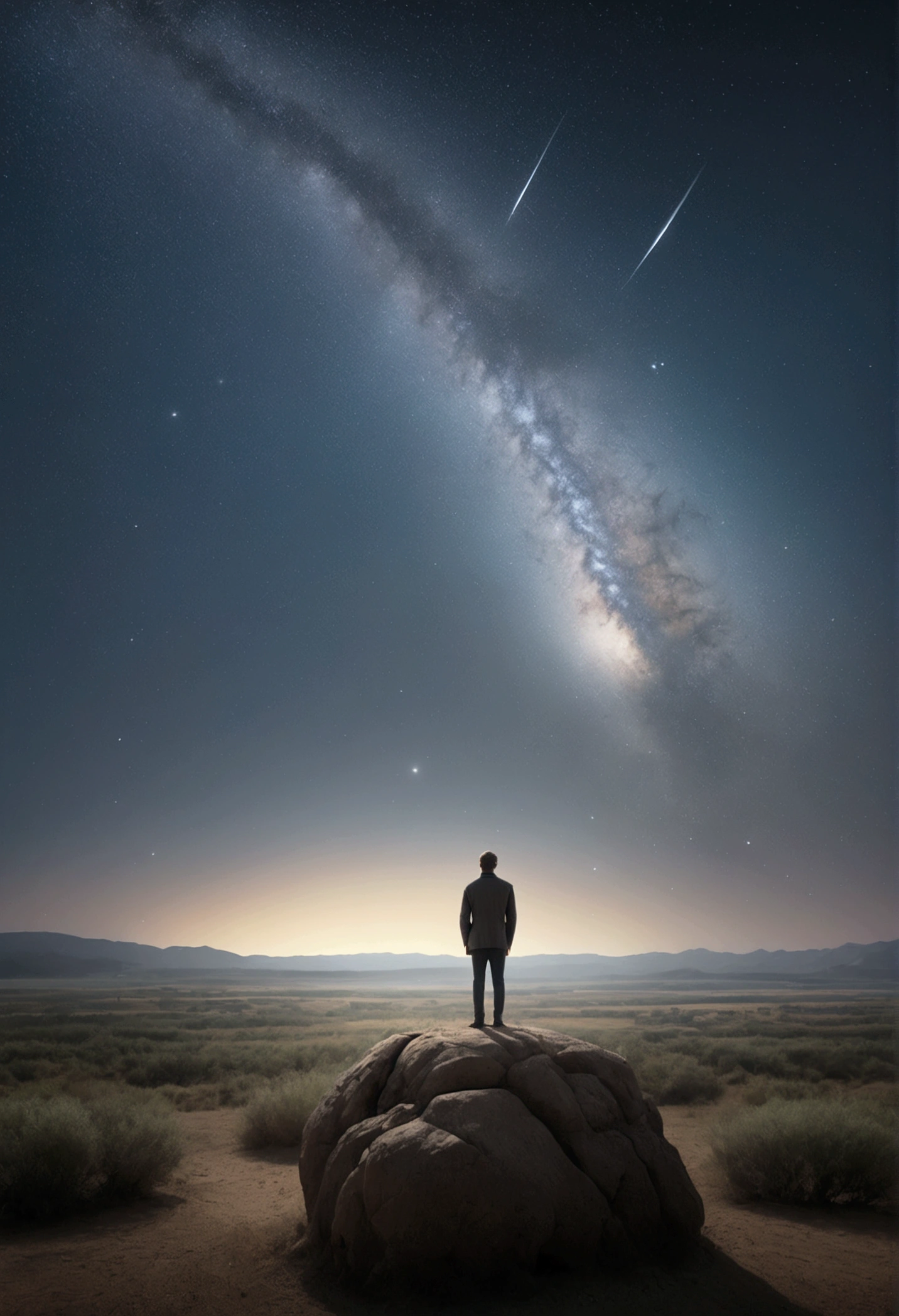 Standing alone under the vast starry sky, one appears small and . Using low angle shooting with starry sky as the background, showcasing human loneliness and the vastness of the universe. Beautiful cinematic lighting, surreal, RAW photo, color graded, dynamic movement, captivating chiaroscuro, award-winning, cinematic still, emotional, vignette, dynamic, vivid, (masterpiece, best quality, photorealistic, Professional, perfect composition, very aesthetic, absurdres, ultra-detailed, intricate details:1.3)