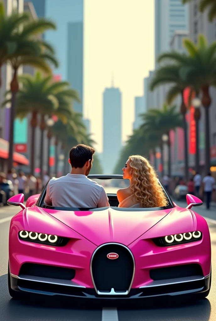 Perfect taller and handsome tall European man with short straight dark hair drive pink convertible Bugatti car with perfect beautiful so long beautiful curly blonde hair girl sit beside him in the convertible Bugatti car driving around the big town view picture with big view of them at big town in Bangkok city Thailand view 