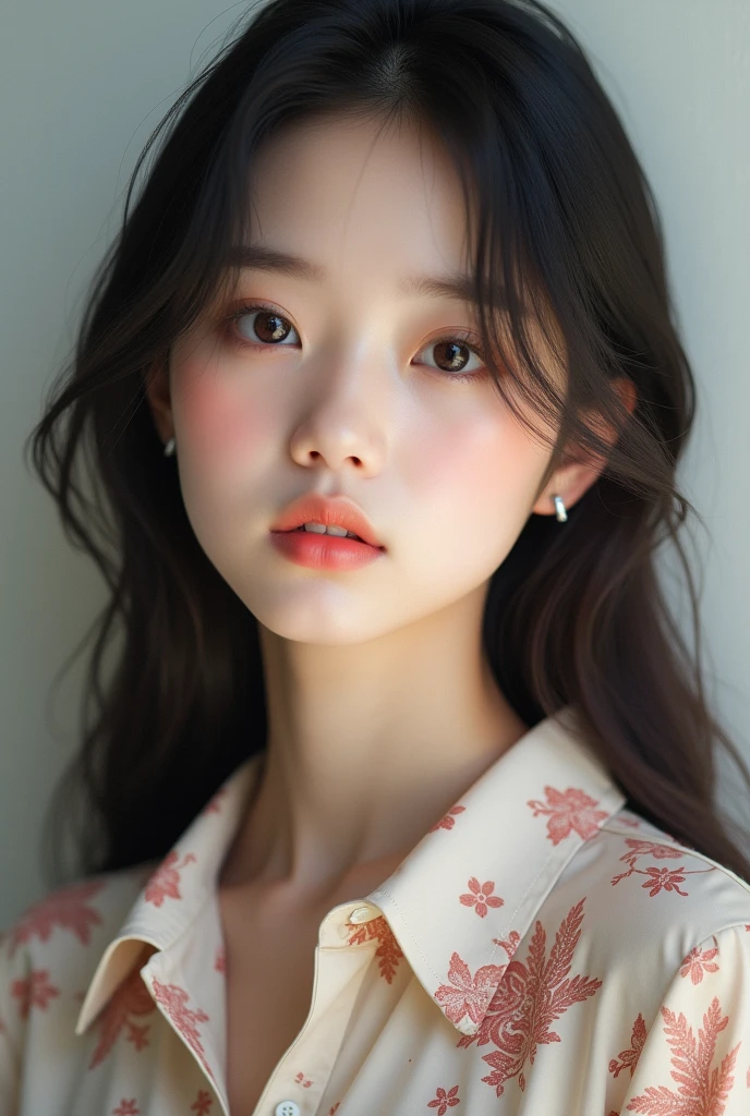 best quality, face focus, soft light, ultra high resolution, (realistic:1.4), RAW photos,
1Korean woman, alone, cute, (student, light in the eyes), detailed beautiful face, (),(High resolution details of human skin texture),
(long hair),Damask shirt dress with diarrhea in pants,
(portrait)