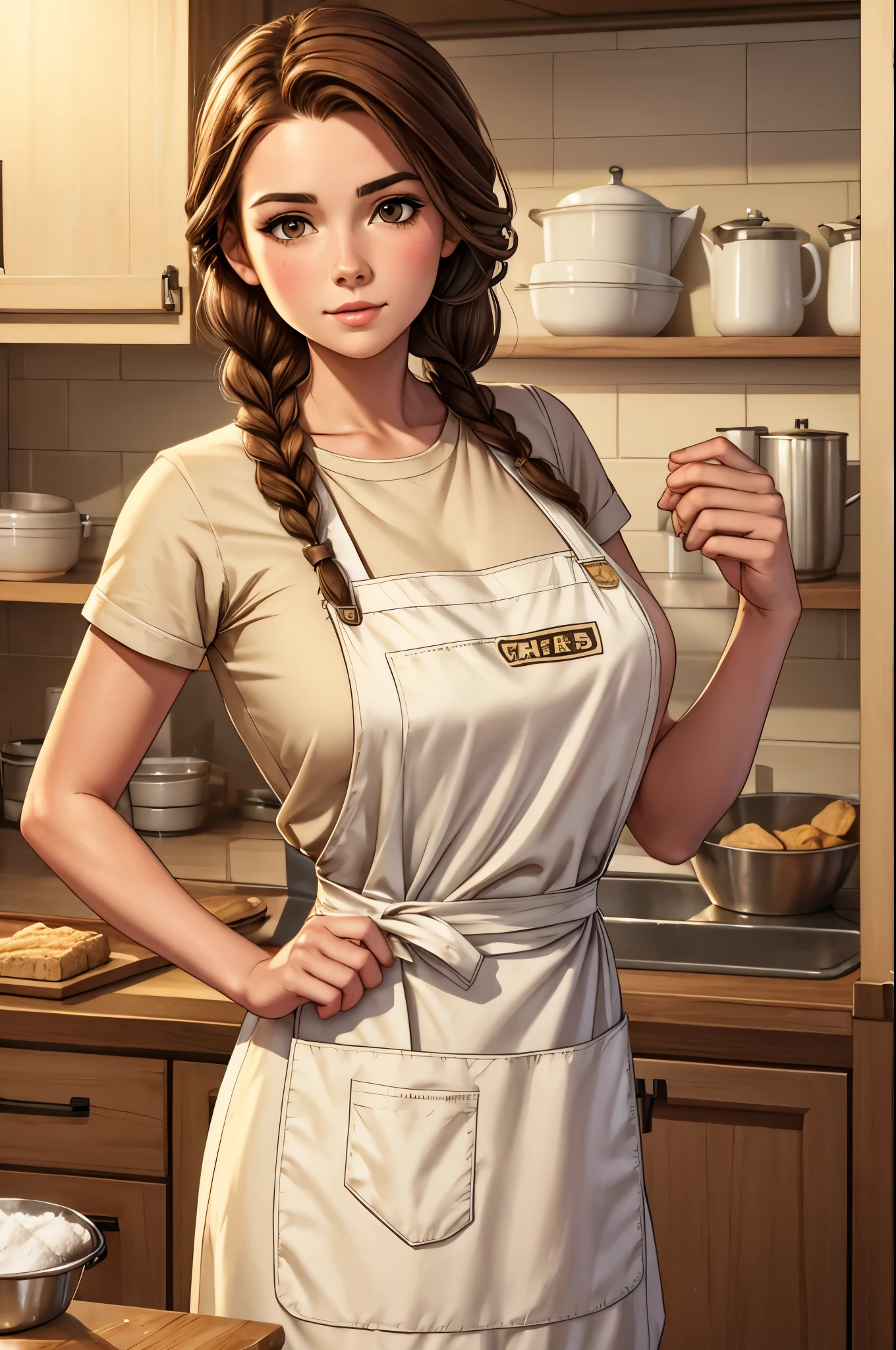 millers daughter, apron, flour on face, skirt, brown hair in a braid, sfw