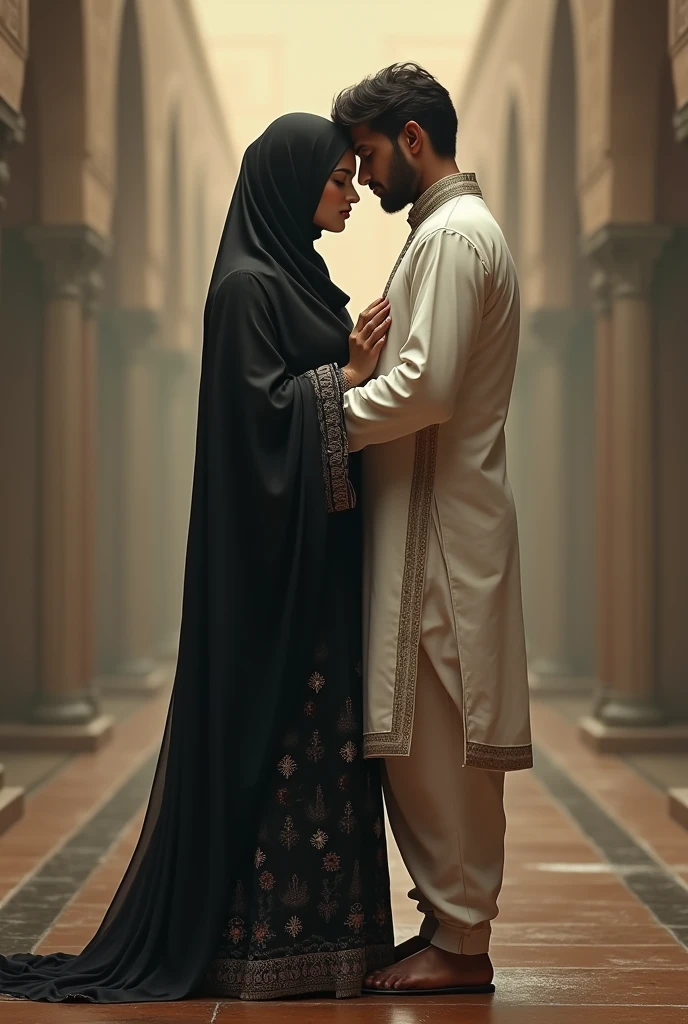 Need a Romantic human Couple picture, girls height 5ft, and boy's height 5.6 ft, the girl with black burkha, and the boy with white Punjabi, 