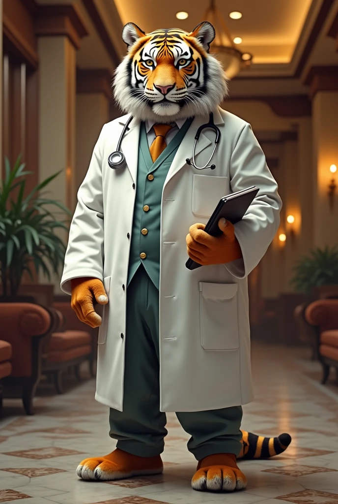 Create a medical tiger, with everything and a robe, stethoscope in a hotel as if he were a doctor with his student who is a university tiger