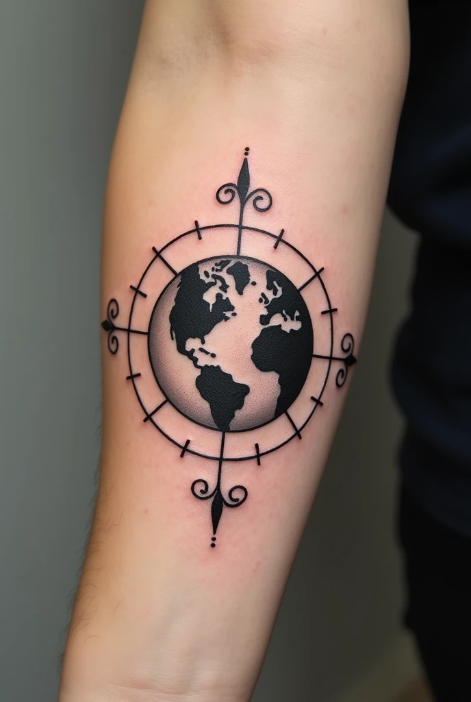 Tattoo template on the theme of world domination for the outer area of the wrist, much smaller and with a globe without background, more dynamic, even smaller, with cardinal directions, With love