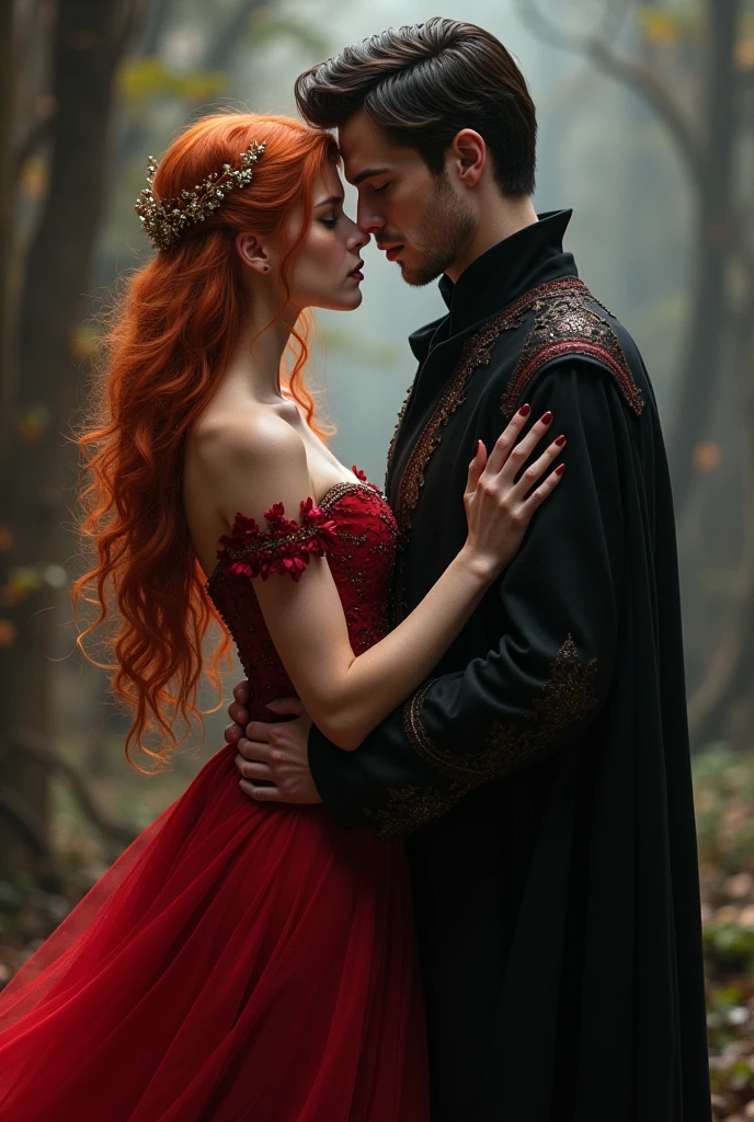 Redhead princess in red dress next to young evil wizard with short black hair kissing 