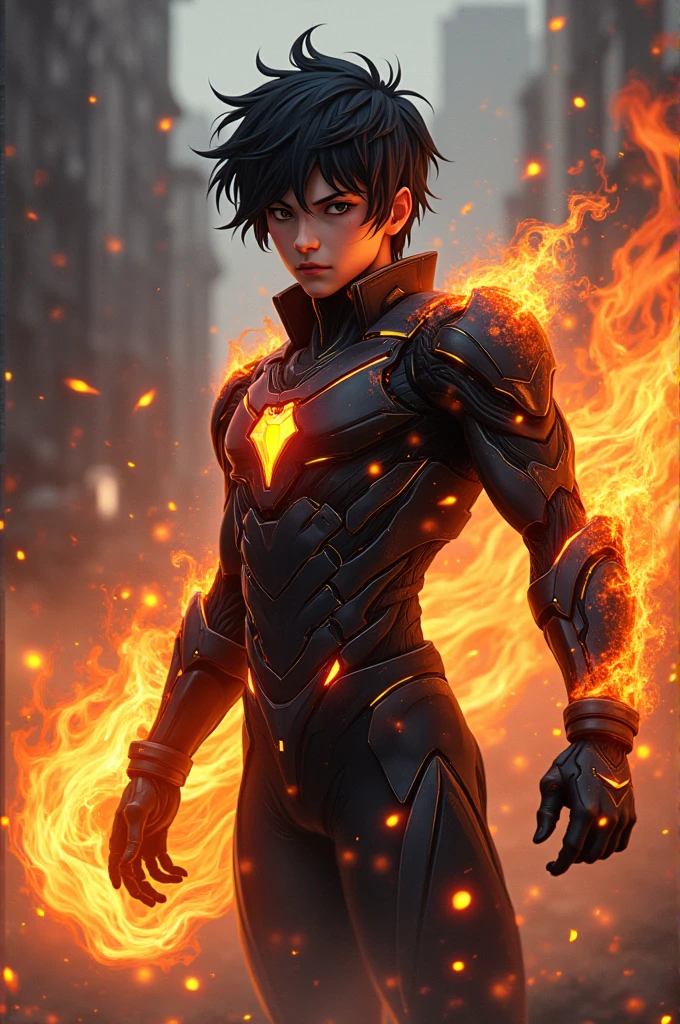 Anime young man with black inferno power and black flames with combat power suit