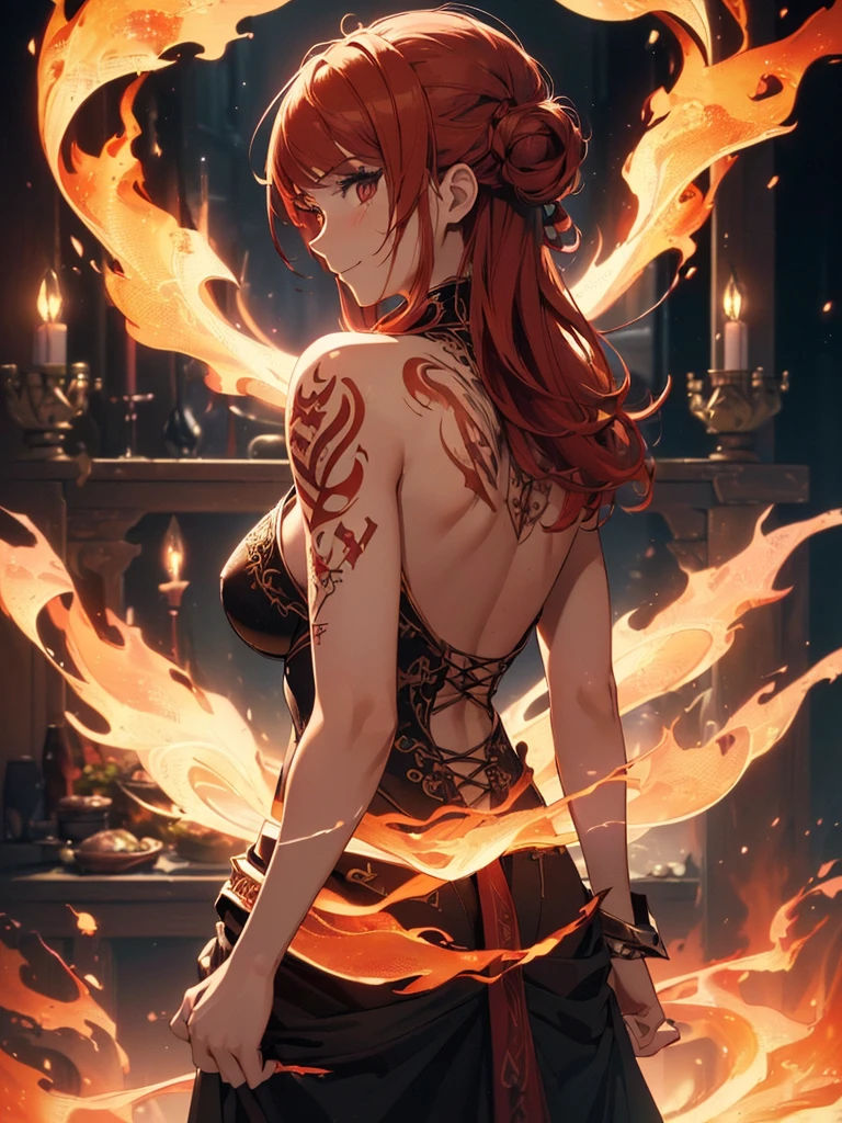 (((best quality, sharp image, clear image, cinematic lighting, 8k resolution, masterpiece, ultra detailed, intricate))) Girl, (((looking over left shoulder))), (shot from behind), fire mage, ((intricate background)), ((chaotic background)), red hair, smiling, ((flame runes, flame sigils)), (tatoo on back), slim figure, flying sigils