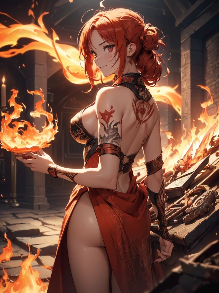 (((best quality, sharp image, clear image, cinematic lighting, 8k resolution, masterpiece, ultra detailed, intricate))) Girl, (((looking over left shoulder))), (shot from behind), fire mage, ((intricate background)), ((chaotic background)), red hair, smiling, ((flame runes, flame sigils)), (tatoo on back), slim figure, flying sigils