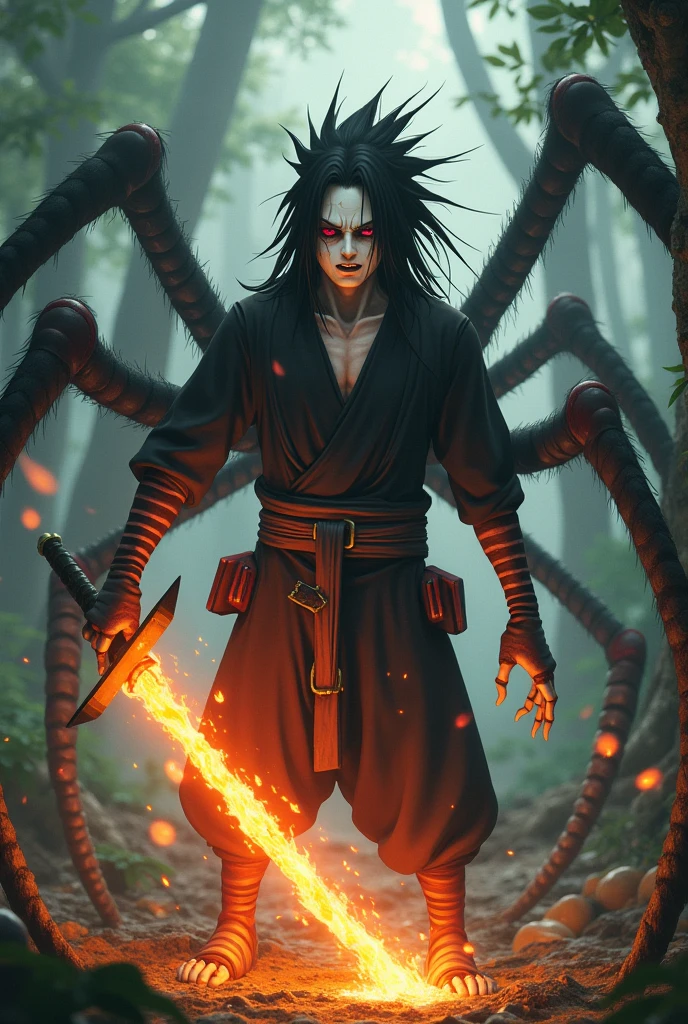 Chinobi from the world of naruto from the stone village with transformation of the spider summoning with powers, inside a forest holding a fire sword and several large spiders around him and an excretion of madness and hatred on his white-skinned face with a body mixed with that of an albino spider with black hair