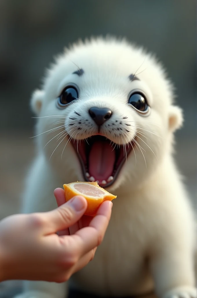 white seal cub very sweet very cute close-up body full human laughing while taking chicken meat from hand cute sweet cinematic realistic ultra realistic