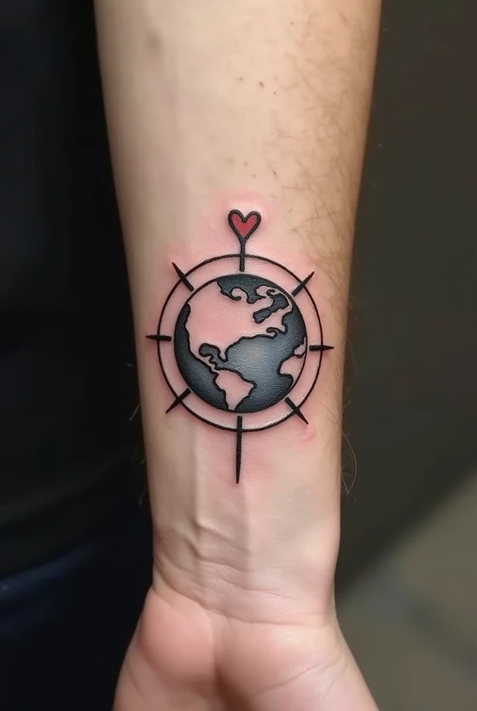 Tattoo template on the theme of world domination for the outer area of the wrist, much smaller and with a globe without background, more dynamic, even smaller, with cardinal directions, With love