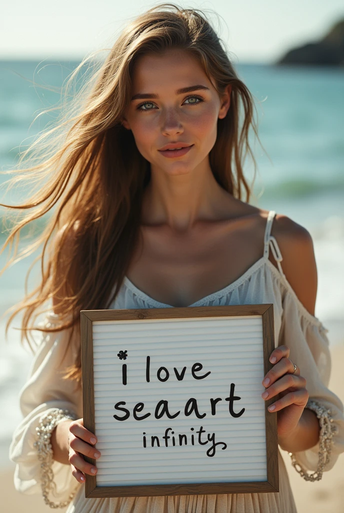 Beautiful girl with wavy long hair, bohemian dress, holding a white board with text "I Love Seaart Infinity" and showing it to the viewer