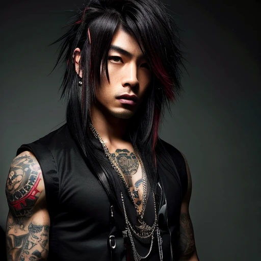 1 man, Japanese man, male, Asian eyes, muscular, broad shoulders, yakuza tattoos, hairstyle Visual Kei style, hair Visual Kei, black men's shirt and black pants, ultra detailed face, hyperrealistic, realistic representation, long hair, long hair, 30 years old, age 30 years, blonde hair, full body view 