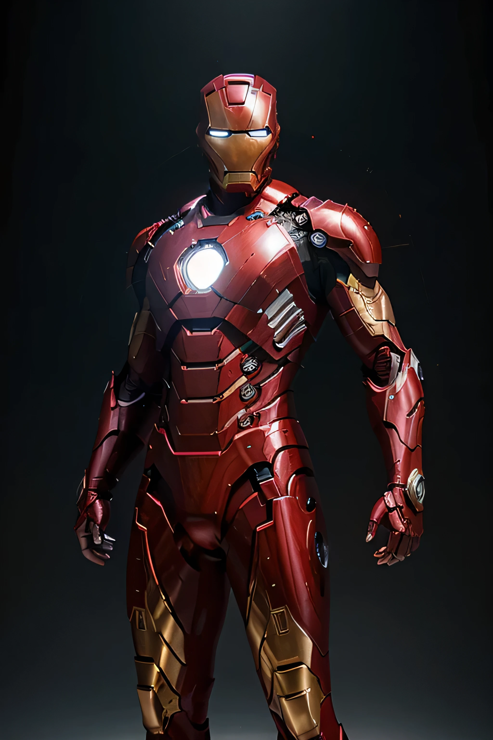 A realistic, full-body image of a red and gold Iron Man-inspired armor standing upright in a commanding and aggressive pose. The armor is highly detailed with a sleek, metallic finish that reflects light, emphasizing its sharp and angular design. The helmet features a narrow, glowing visor with a menacing look, and the chest piece showcases a bright, glowing arc reactor. The limbs are muscular and reinforced, showing the strength and power of the suit, with intricate mechanical joints and panels. The background is a flat, plain white, creating a stark contrast that highlights the vibrant colors and realistic textures of the armor.