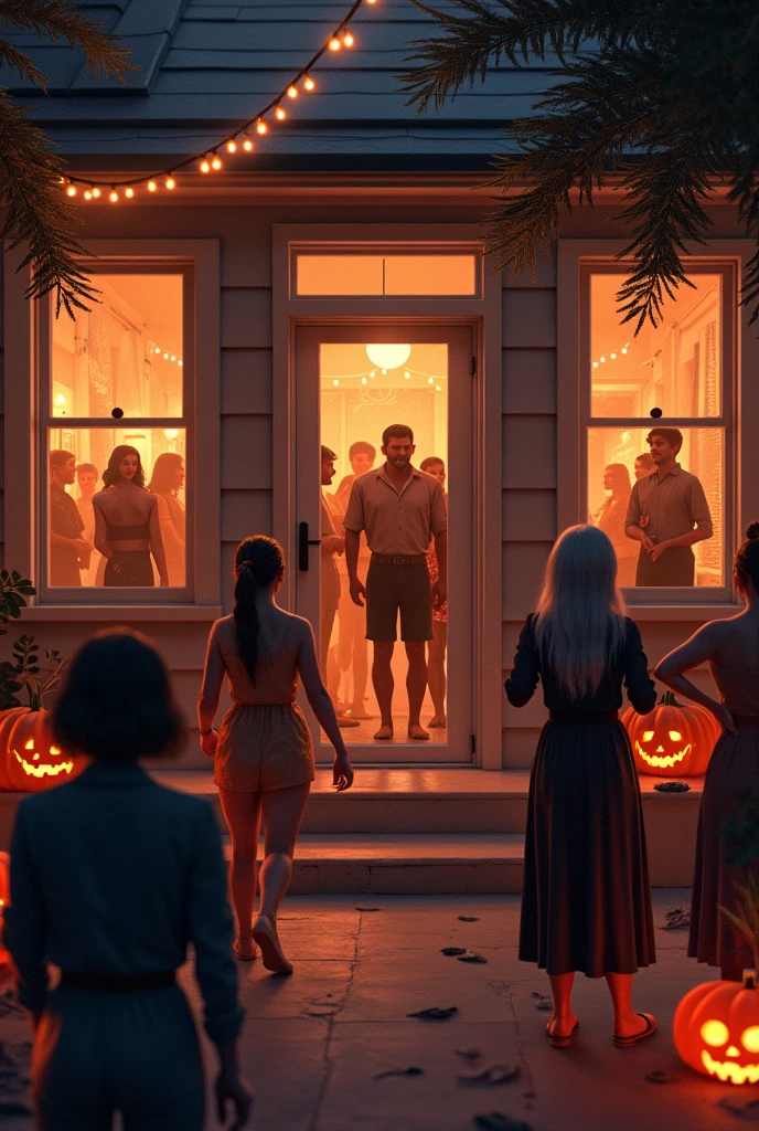 A Halloween party venue with people inside a house