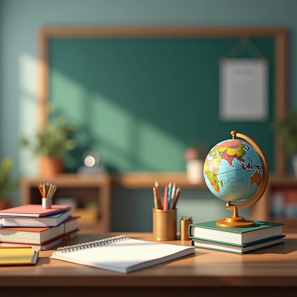 Back to School themed background with a neatly organized desk, stacked books, globe and pencil holder on a soft blurred classroom background. Best Quality, Masterpiece, Ultra High Definition,